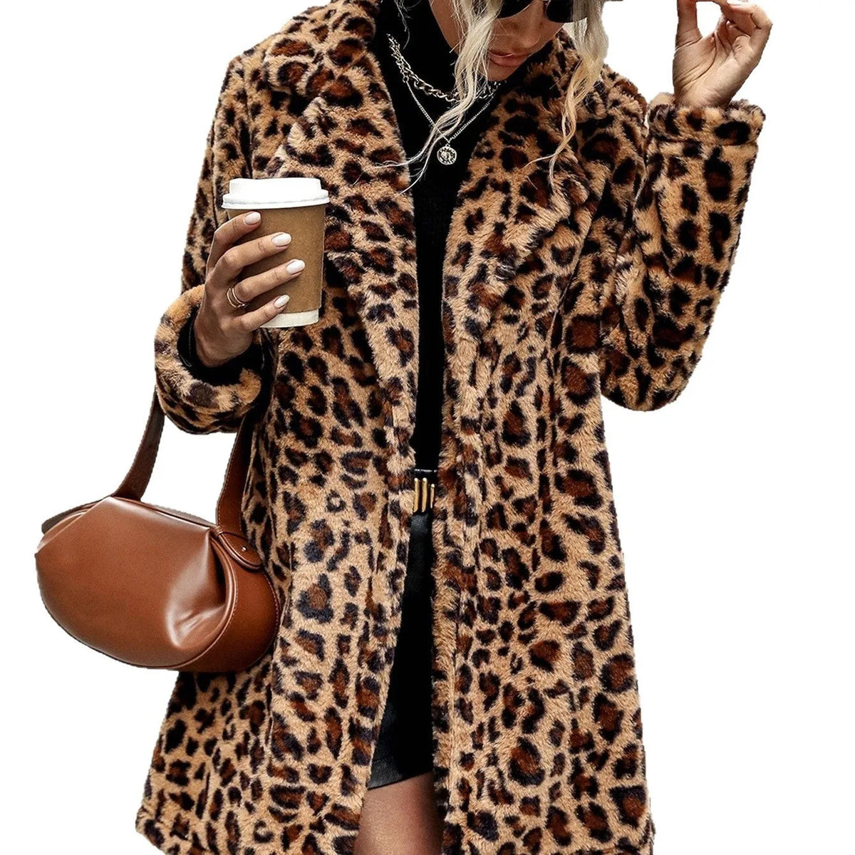 Leopard print long sleeve furry coat top for women, animal pattern jacket, conventional sleeves, size S-2XL