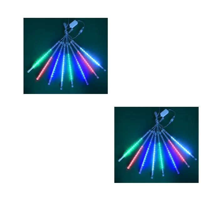 Blue and white LED meteor shower lights in 50cm length with waterproof PC tubes outdoors at night.
