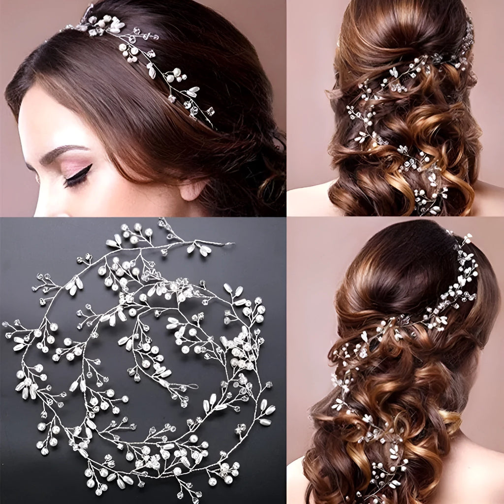 Close-up of a silver bride's hair band with pearls and crystals on a wired base.