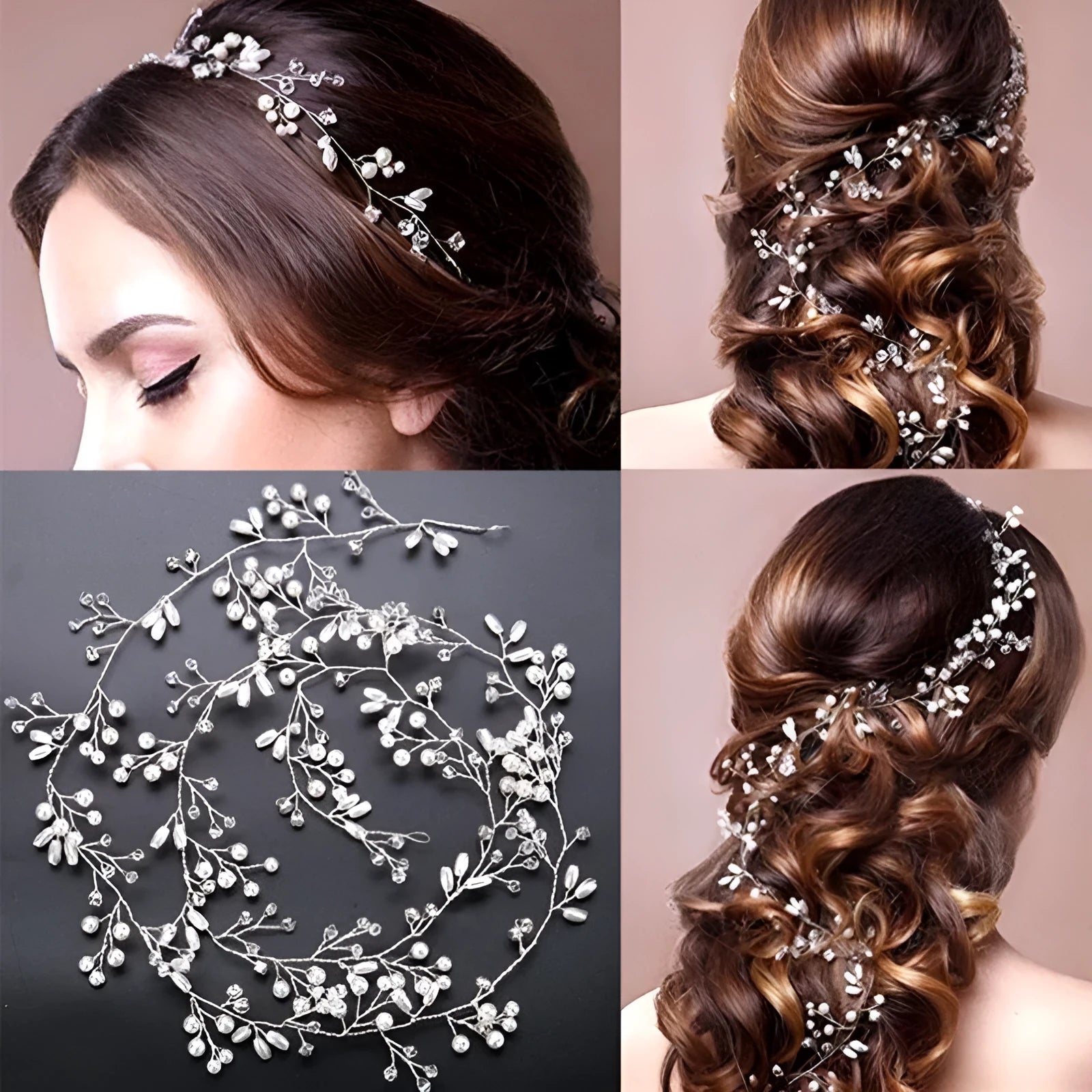 Close-up of a silver bride's hair band with pearls and crystals on a wired base.