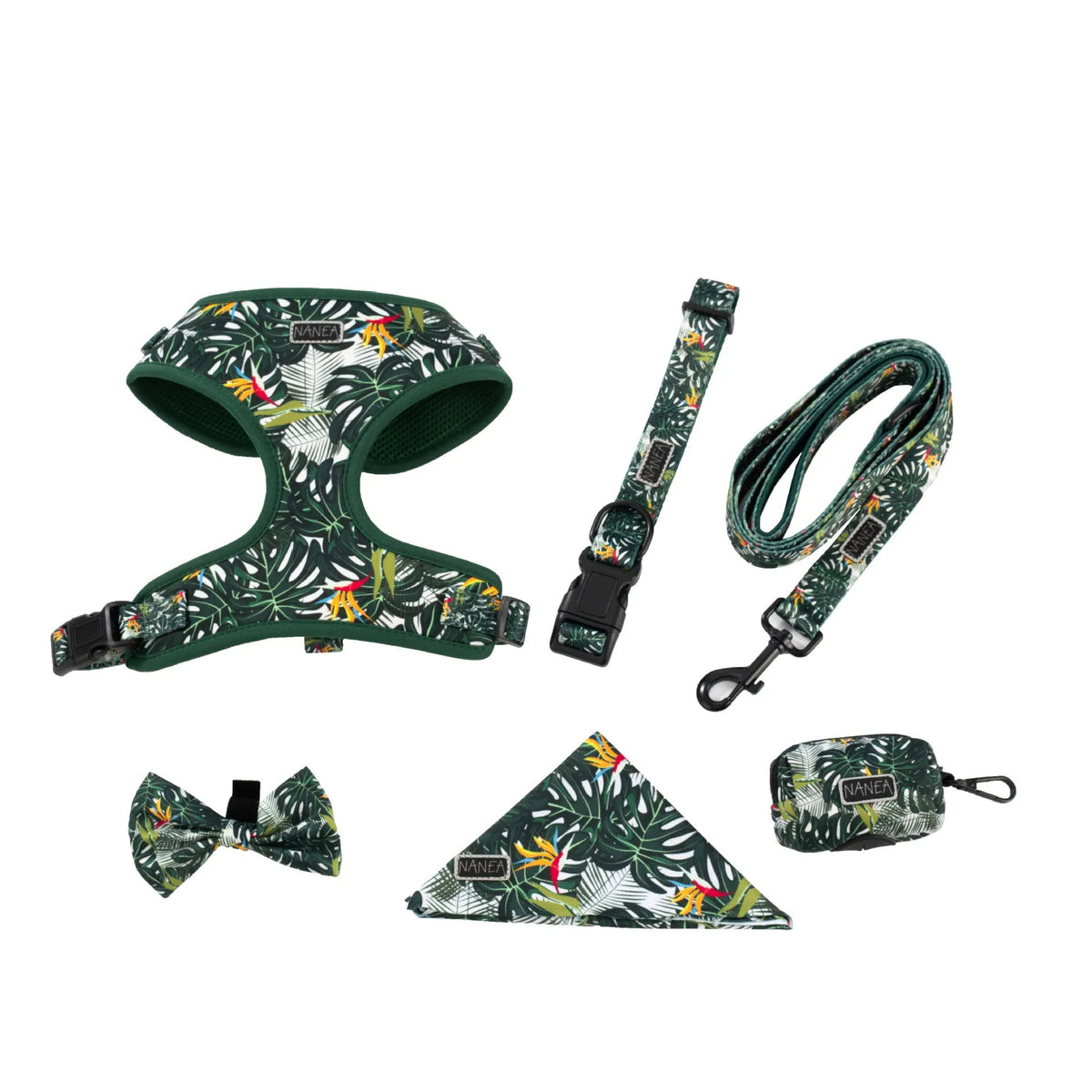 Adjustable cloth dog harness set with six pieces including waste bag and accessories in three size options