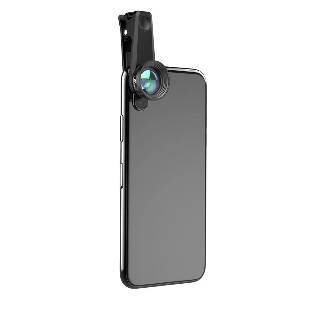 Black aluminium 6-in-1 smartphone lens kit with fisheye, wide-angle, macro, telephoto, CPL and star filter lenses on a universal clip.