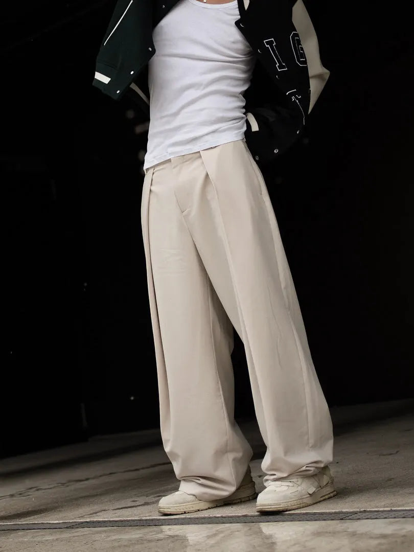 High-waisted pleated casual pants for women, beige, regular fit, full-length polyester trousers