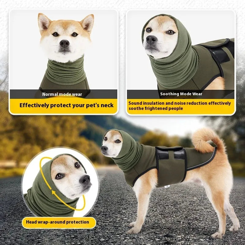 Dog wearing army green calming jacket with velcro straps for anxiety relief