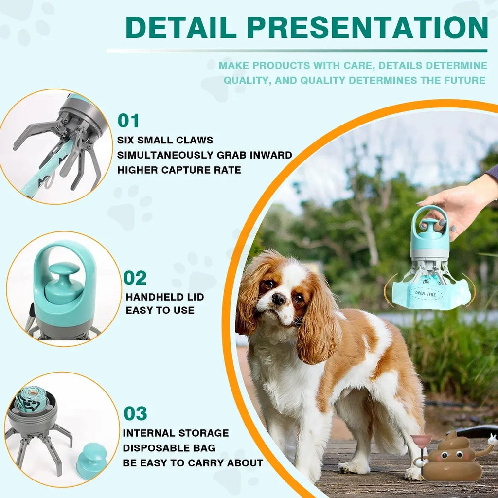 Blue plastic dog pooper scooper with claw mechanism and roll of waste bags