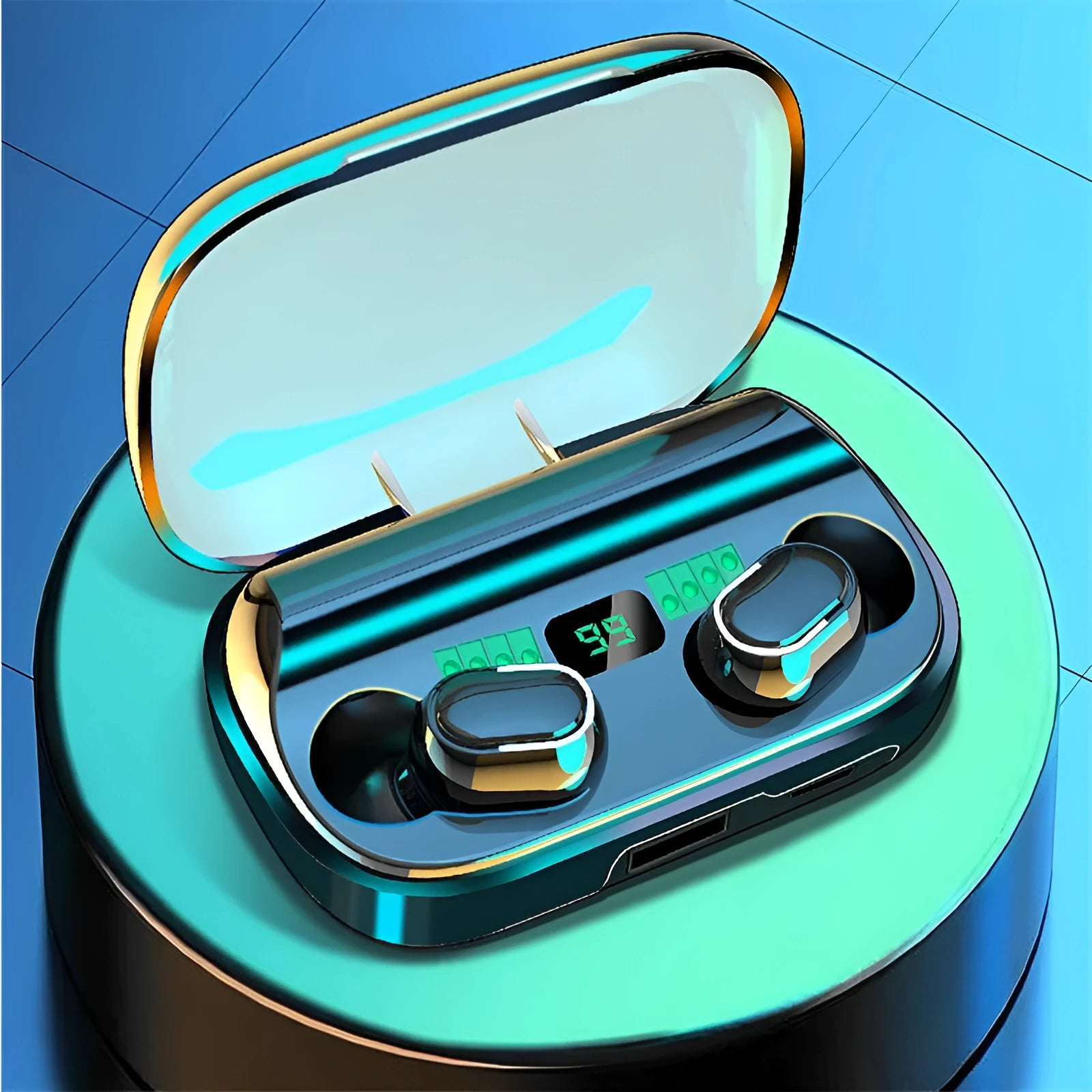 TWS digital display XT01 Bluetooth earphones with charging case showing white and blue indicator lights