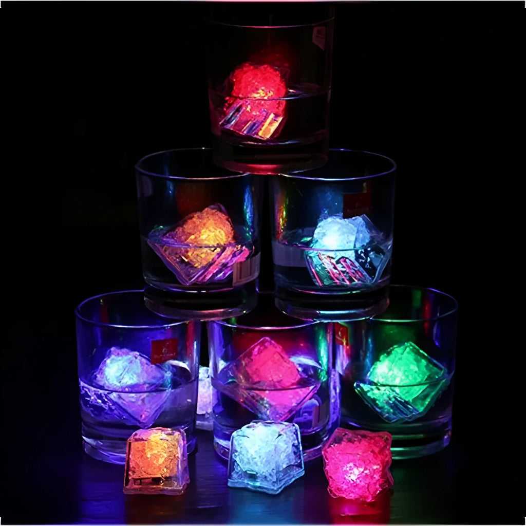 Square food-grade LED light ice cube glowing in a clear drink with colourful illumination