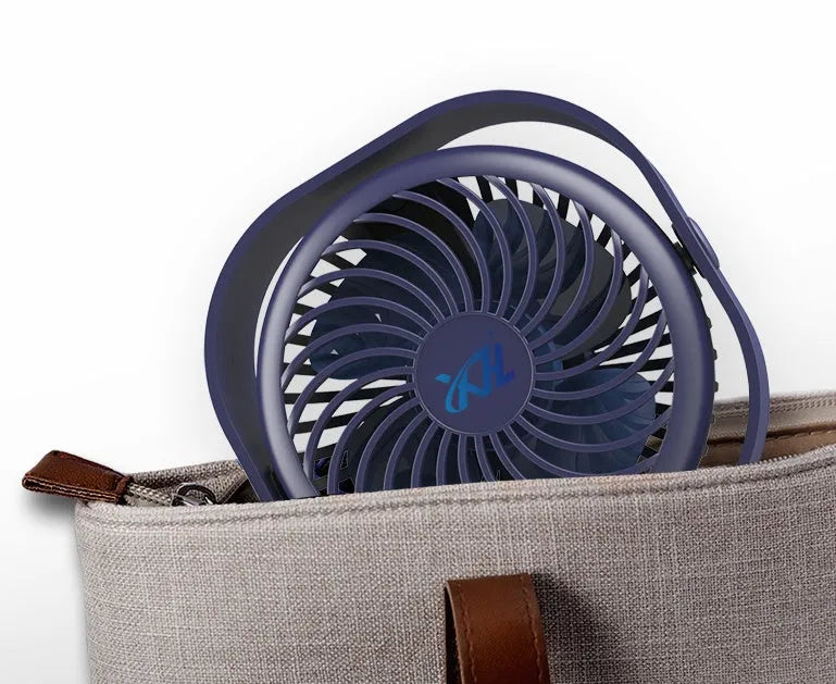 USB desk fan with alarm clock display, shown in blue with rotating head