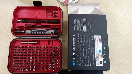 130 In 1 precision screwdriver tool set in orange and blue case with CRV bits