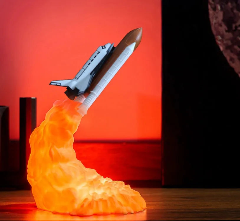 3D print rocket space shuttle lamp night light, 11 inch, PLA material, USB rechargeable, on display in a bedroom