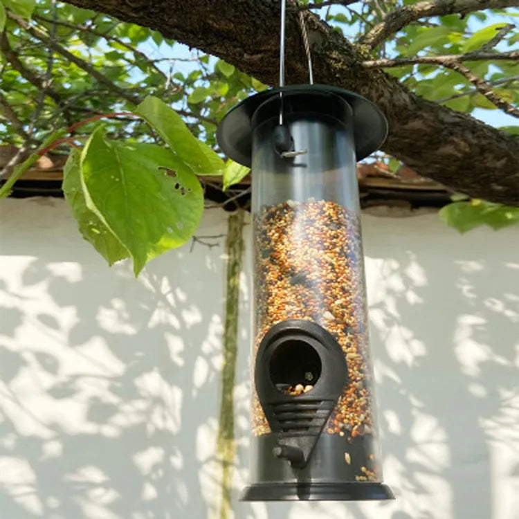 Outdoor hanging automatic bird feeder black with metal top and transparent plastic tube