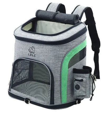 Breathable pet backpack in gray, showing mesh ventilation panels and zippered entry, for cats and dogs up to 20 kg