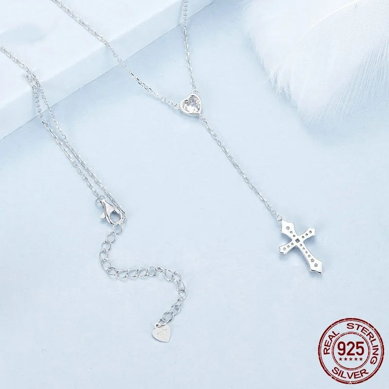 Women's 925 silver cross pendant necklace on an adjustable O-ring chain, antique silver finish.