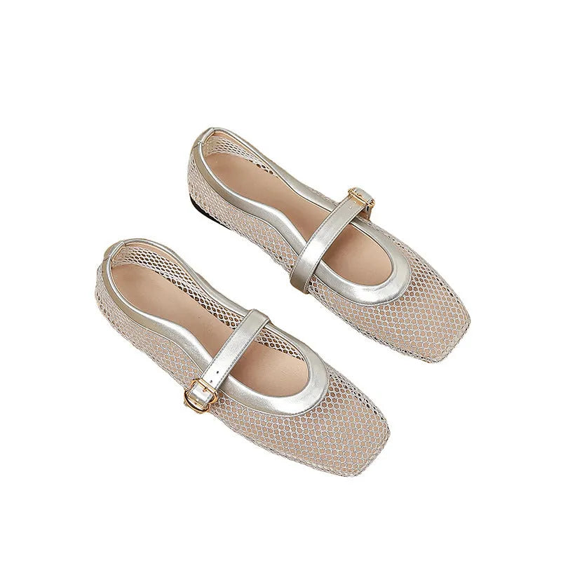 Women's beige mesh low-heel pump with square toe and buckle strap