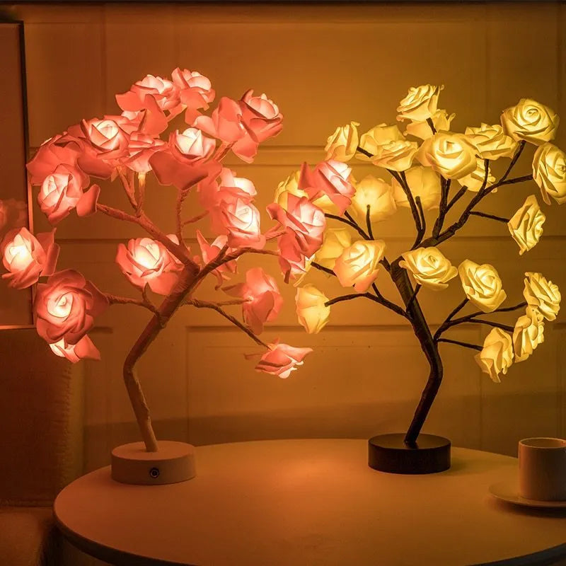 Rose flower LED table lamp with warm white glow on a flat surface, showing PE cotton flowers and bonsai tree shape