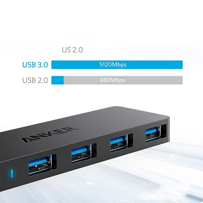 Black Anker 4-port USB 3.0 hub with attached cable on a desk