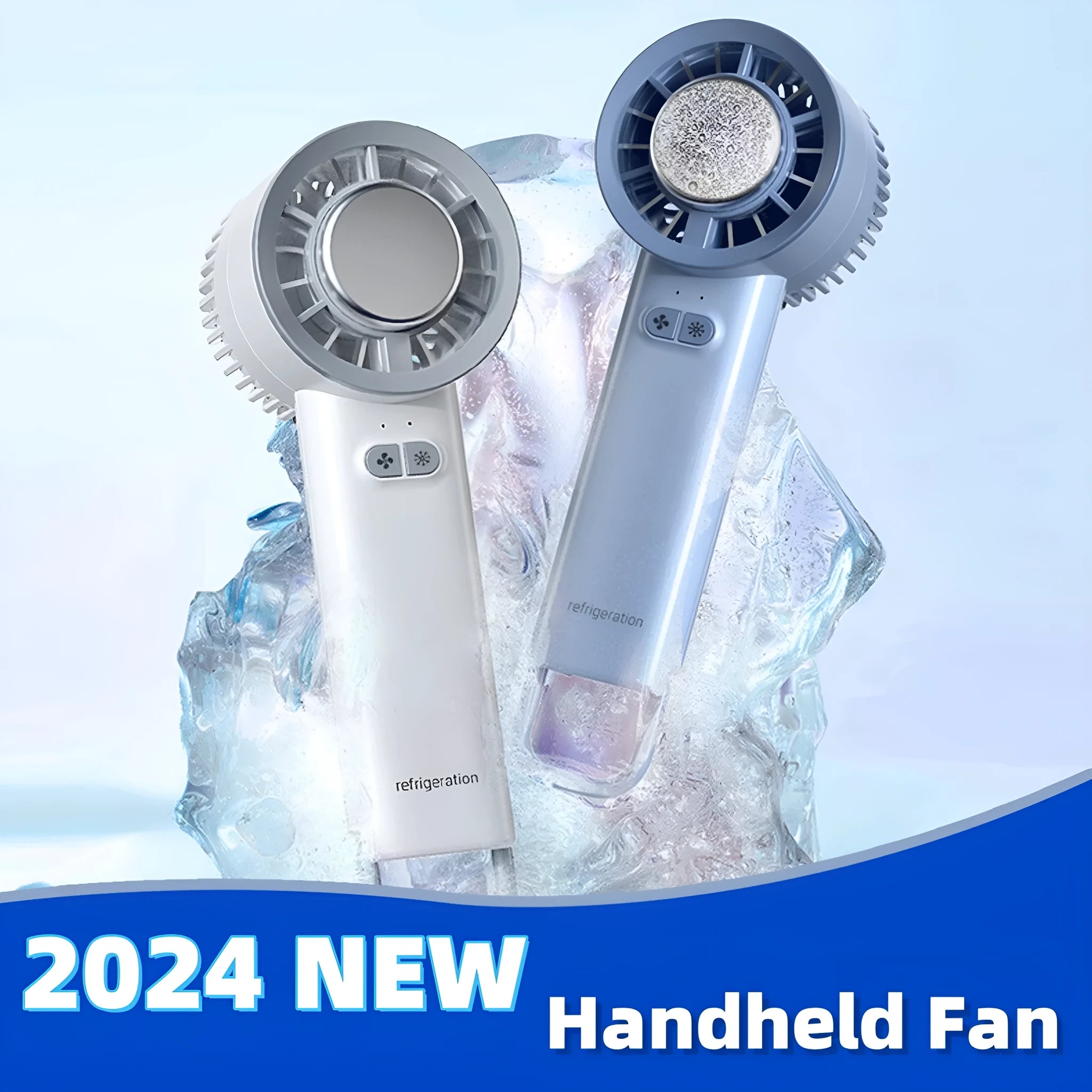 White handheld portable fan with turbo jet airflow and ice cooling function showing compact design