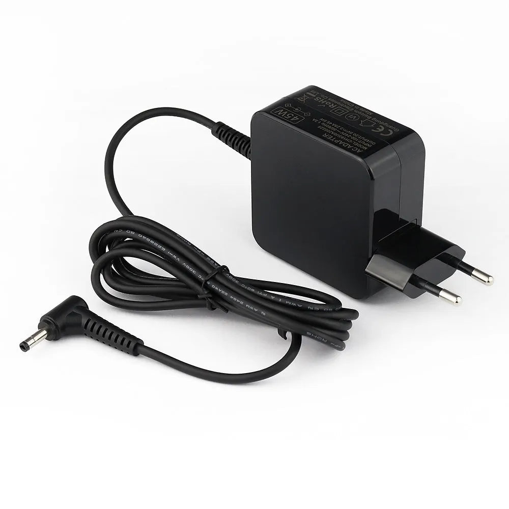Black 45W laptop power adapter with US plug and attached charging cable
