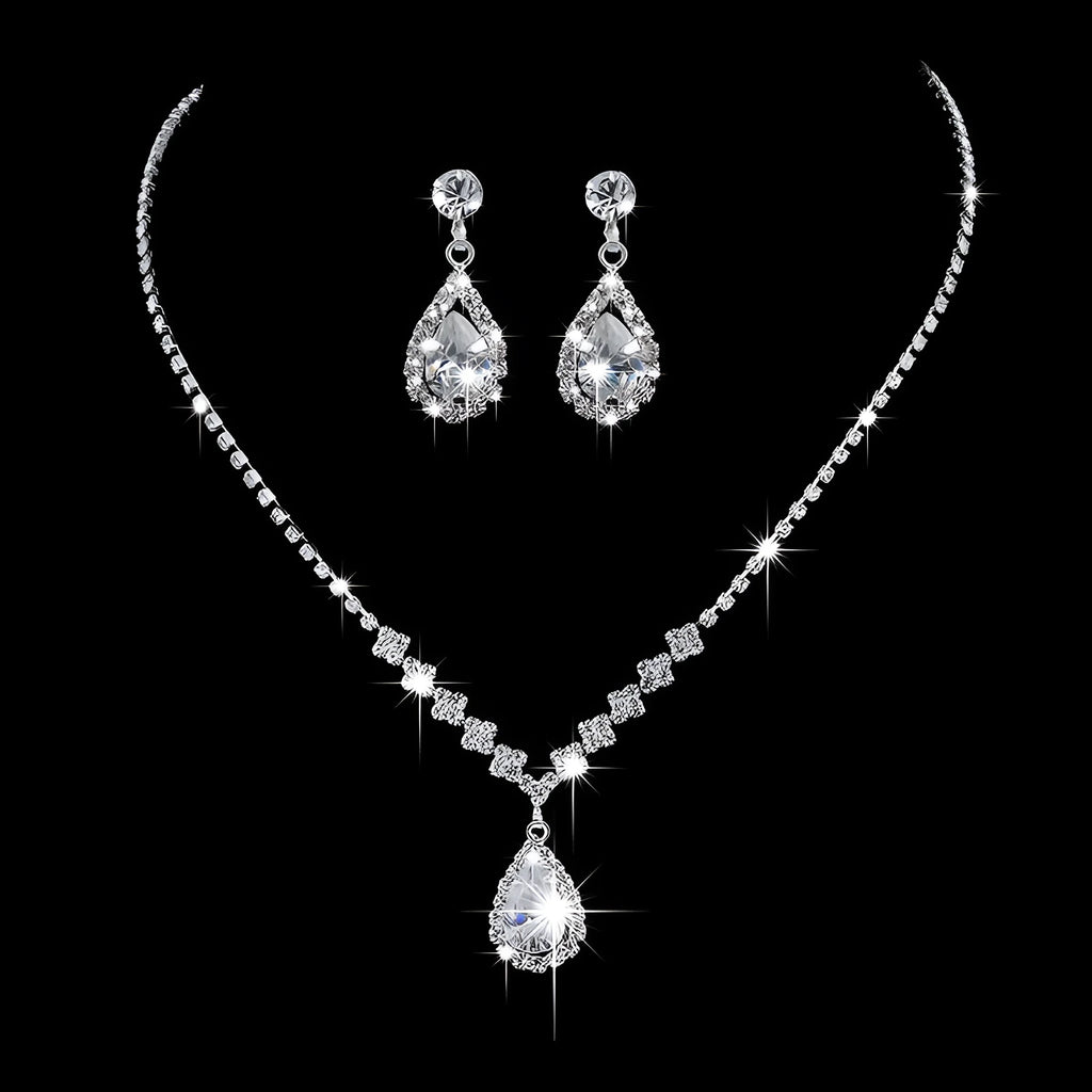 Silver alloy water-drop zircon pendant necklace and matching earrings set with rhinestone claw chain, front view