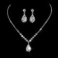 Silver alloy water-drop zircon pendant necklace and matching earrings set with rhinestone claw chain, front view
