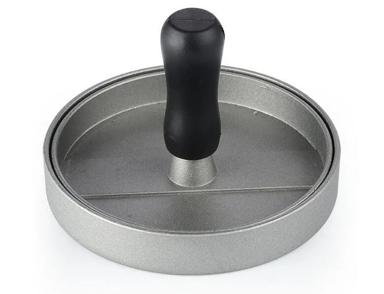 Single burger press in aluminium die casting, 12 x 12 x 9 cm, with base and handled press plate for meatloaf and barbecue use