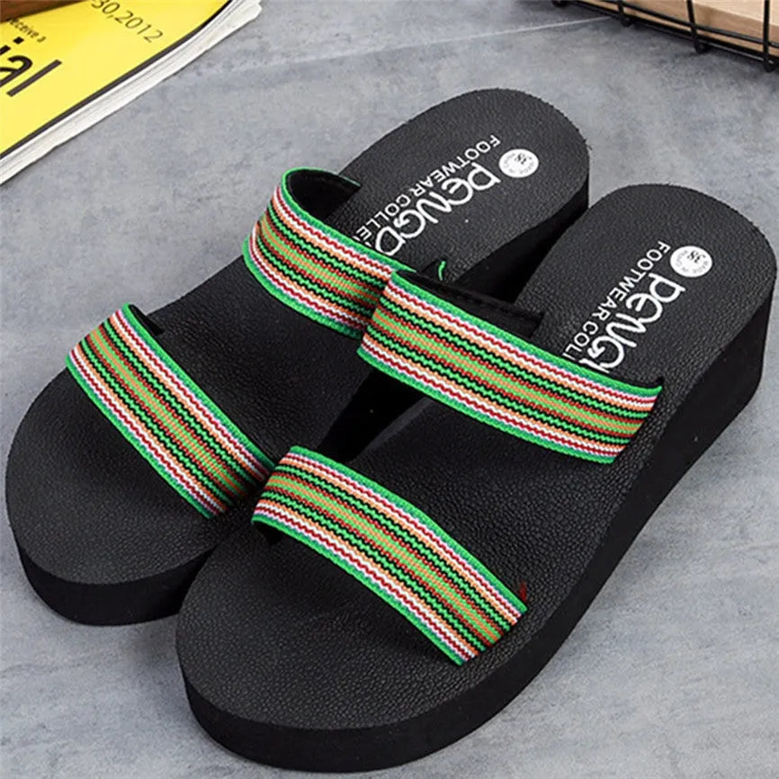 Brown bohemian wedge slippers for women with elastic EVA upper and rubber sole.