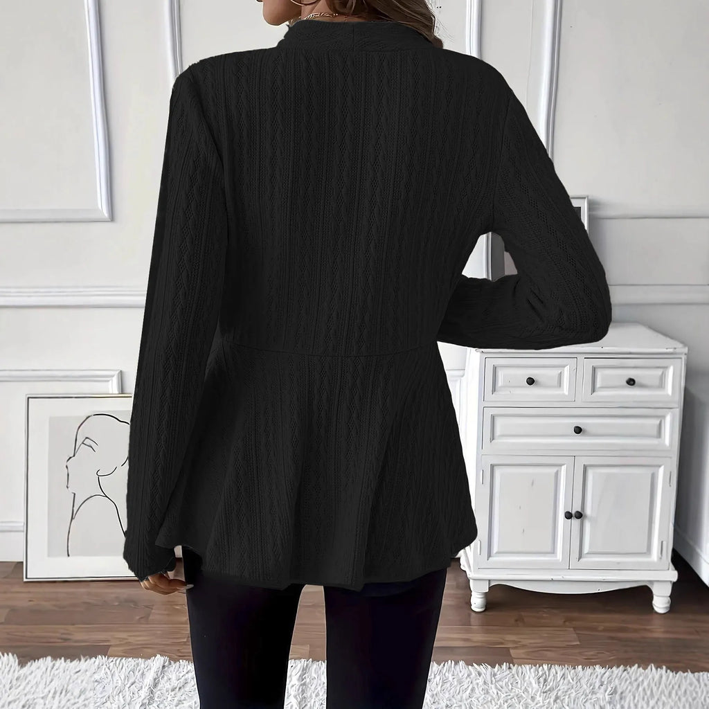 Women's apricot knitted cardigan with jacquard pattern and one-button closure showing front view