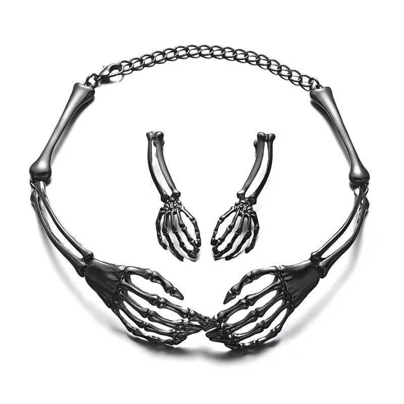 Dark style alloy skull and ghost claw necklace and earrings set for women with electroplated finish