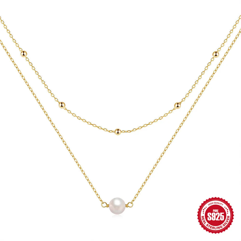 S925 sterling silver necklace with double layer design and twin pearls in gold or white gold colour
