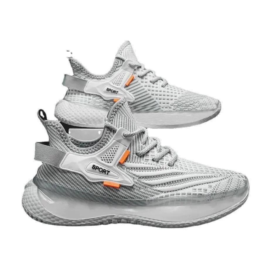 Men's white low-top lace-up sneaker with woven mesh upper and flat rubber sole
