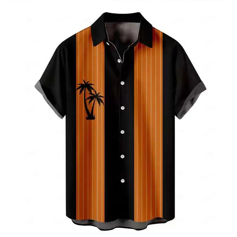 Man wearing a short-sleeved Hawaiian shirt with a colourful 3D printed pattern, suitable for casual summer wear.