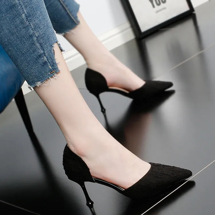 Women's black pointed toe stiletto heels with 6-8cm heel height and PU leather upper