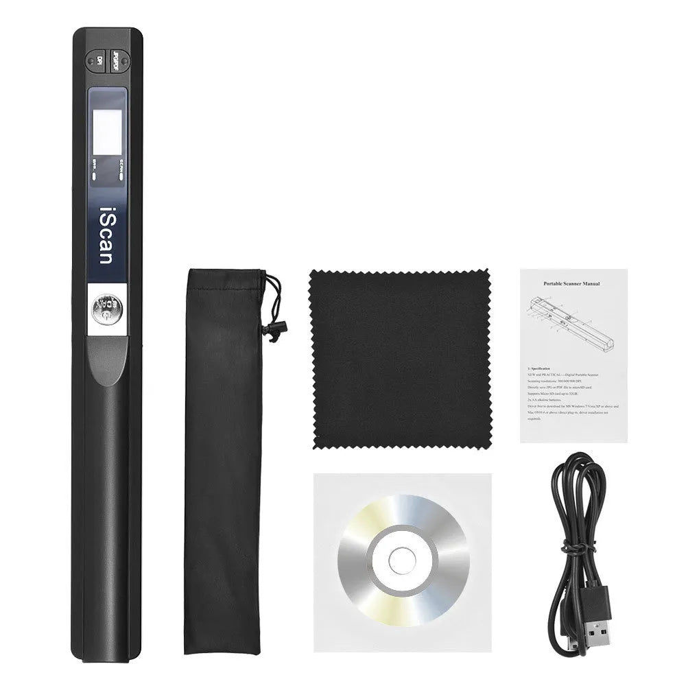 A handheld plastic barcode and QR code scanner shown in one of five colour options: black, blue, green, red, or silver.