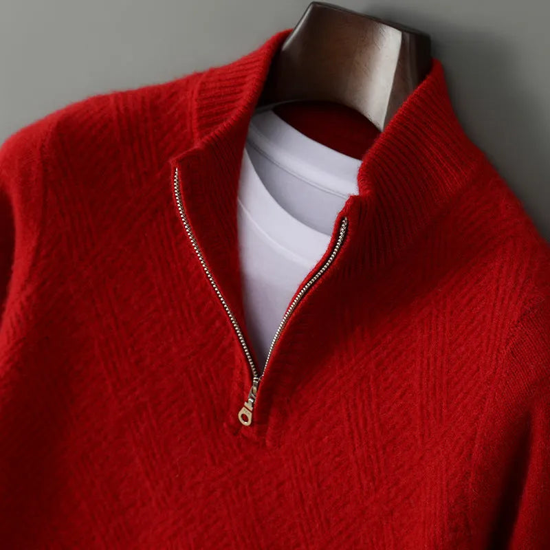 Half turtleneck zipper design pure wool knit bottoming shirt in beige colour, loose fit pullover style