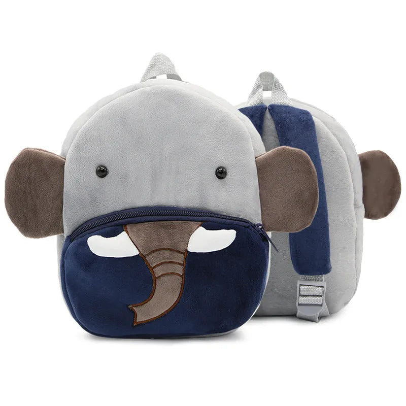 Children's plush animal backpack with elephant design showing dimensions and zipper opening