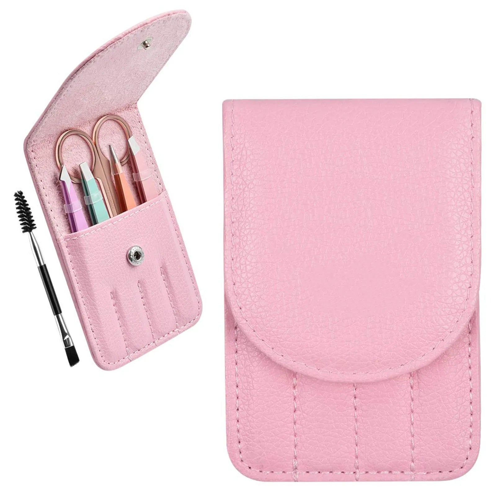 Professional 6-piece eyebrow tweezers set with stainless steel tools in leather protective case