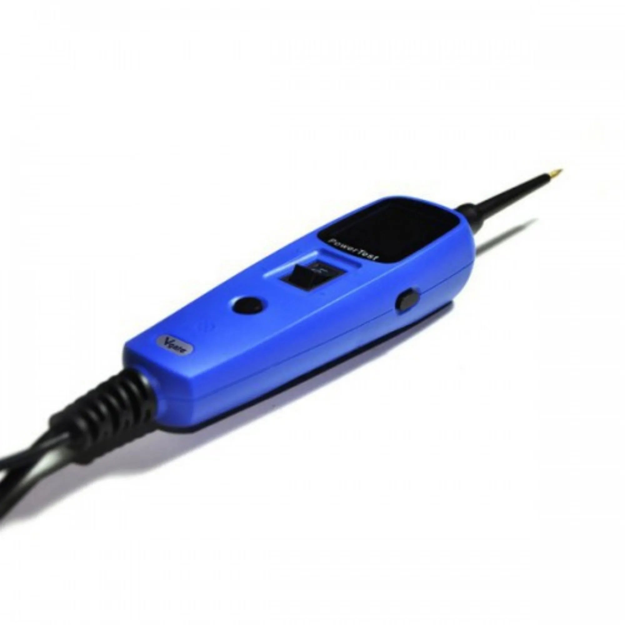 Blue PowerTest PT150 automotive circuit test pen with display screen, cables, clips, and hard case.