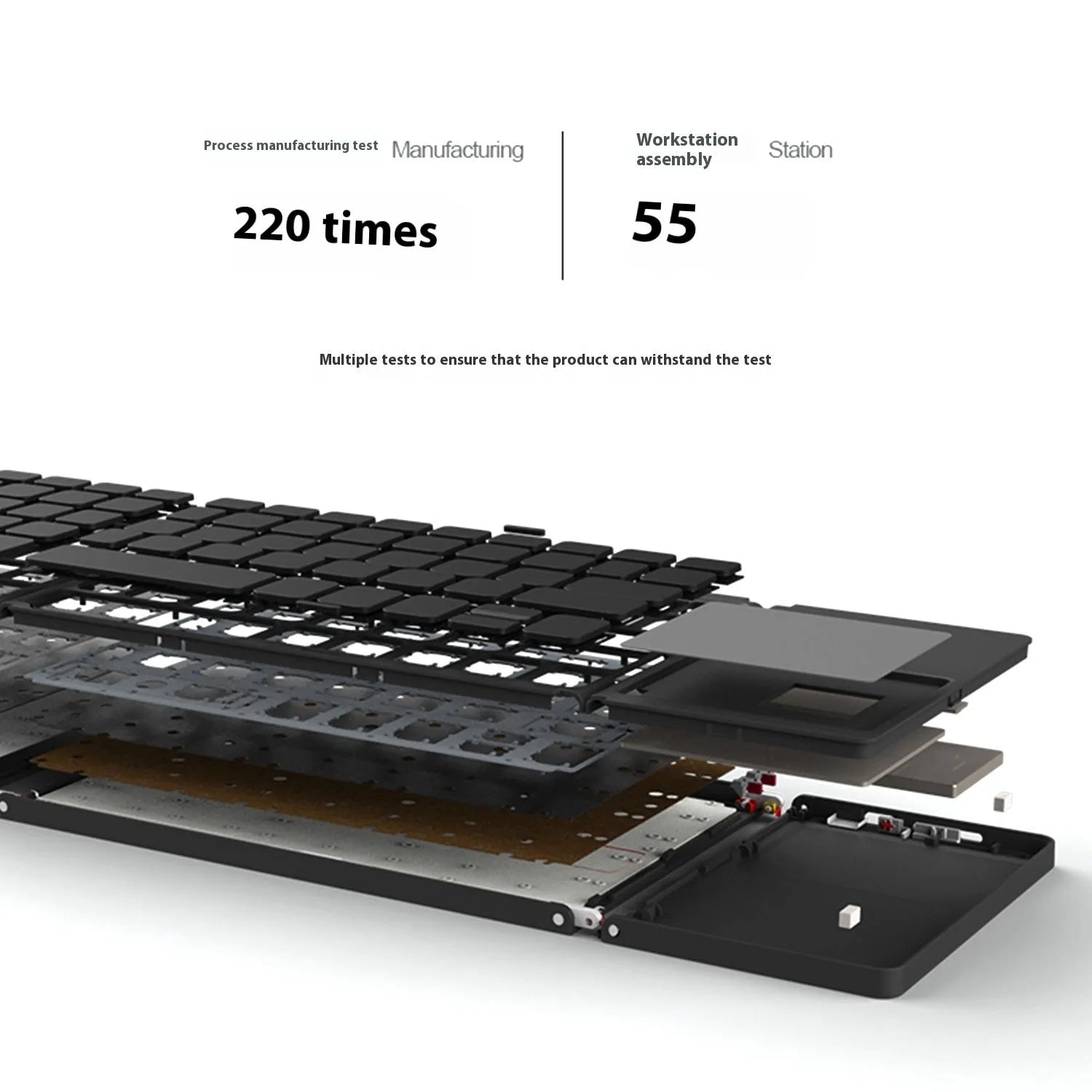Black tri-fold portable Bluetooth keyboard shown open next to a smartphone, highlighting its slim profile.