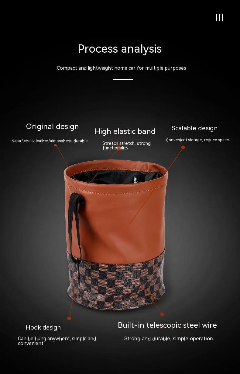 Brown retractable leather trash can for car interior use, shown with handle.