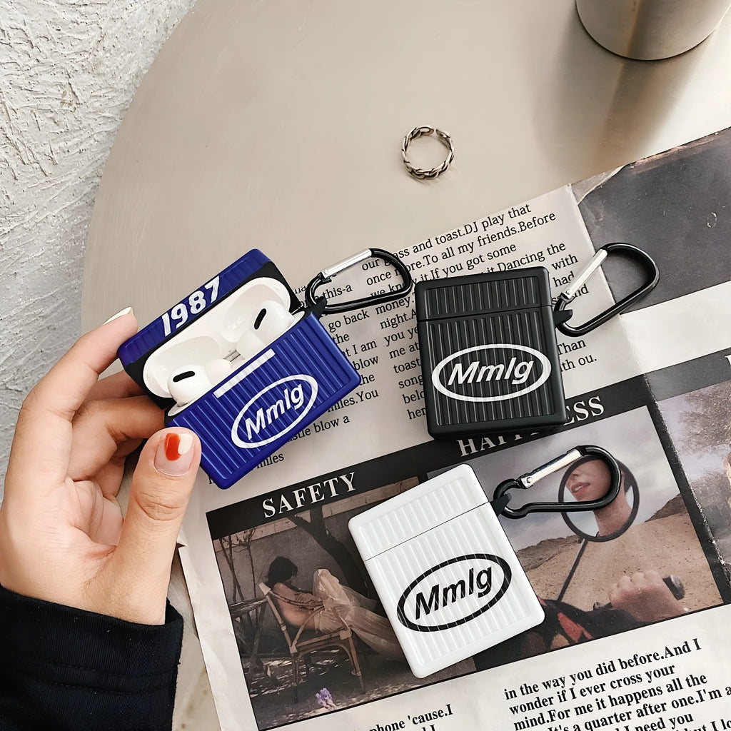 Retro AirPods case in black, white or blue with flip plastic cover and letter design