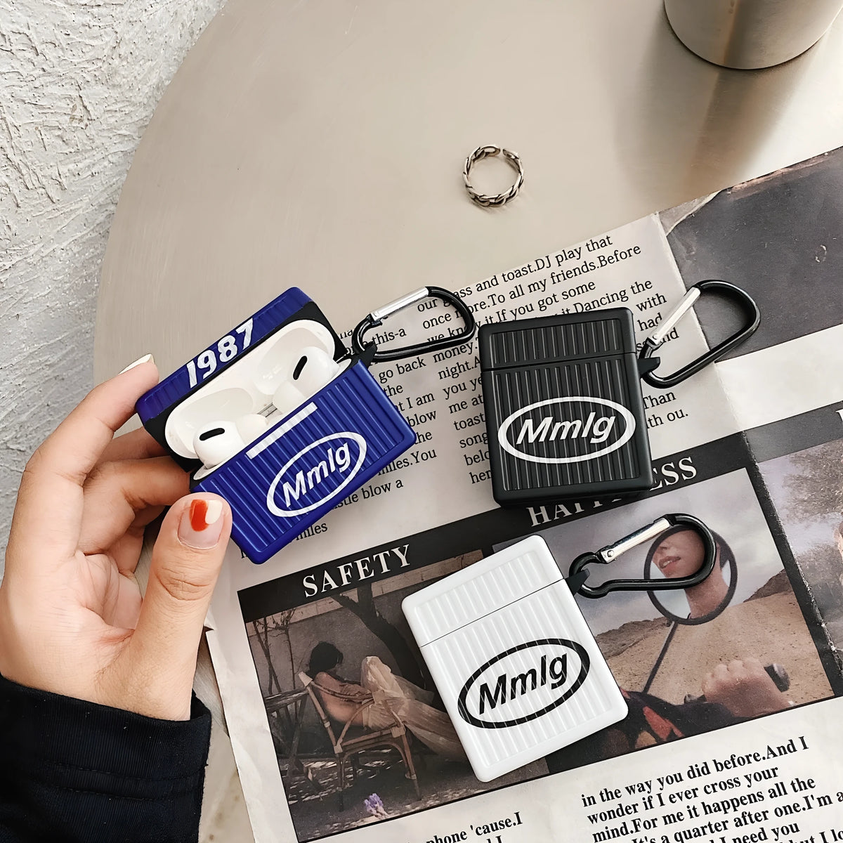Retro AirPods case in black, white or blue with flip plastic cover and letter design