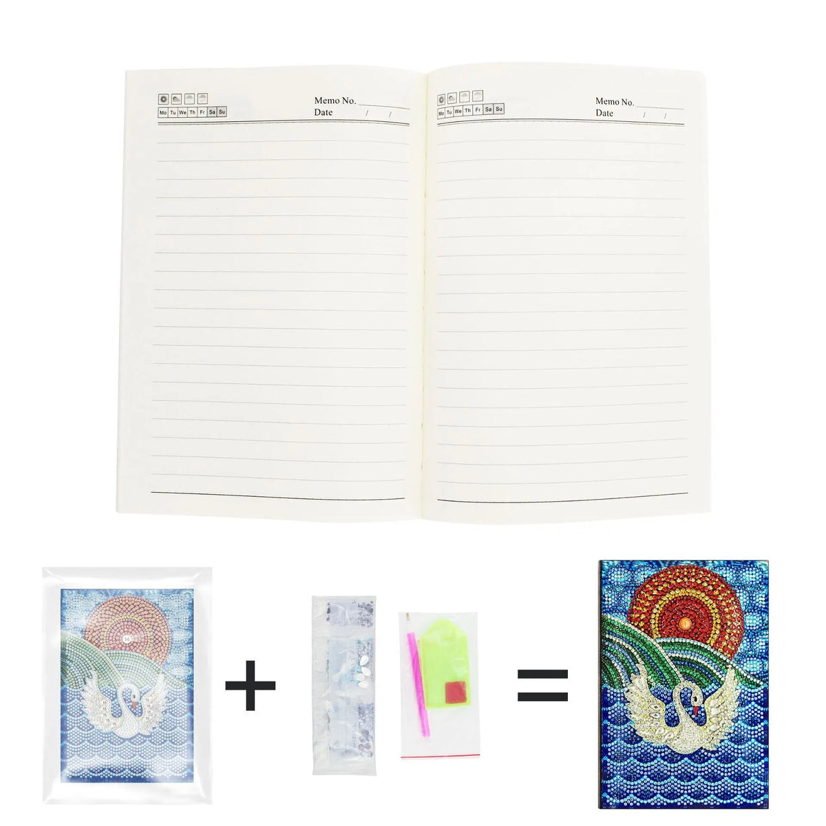 A5 notebook 142x207x8mm with 50 pages, diamond painting notebook in black, blue, butterfly, flower, owl, peacock, and snowman designs.