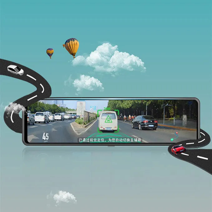 Black rearview mirror dashboard camera with dual recording and touch controls for vehicle security