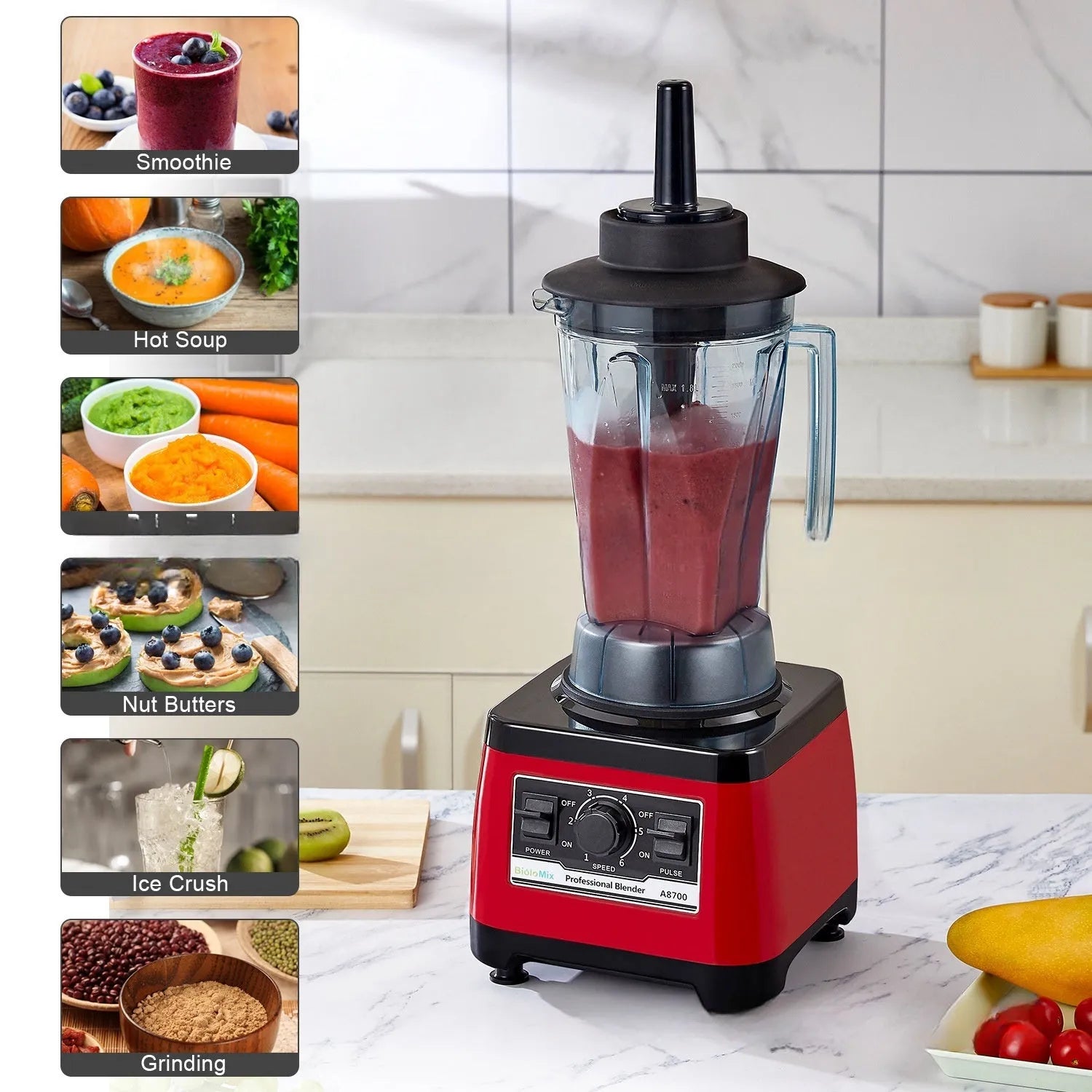 Red commercial blender model A8700 with 2L jug and 2200W motor.