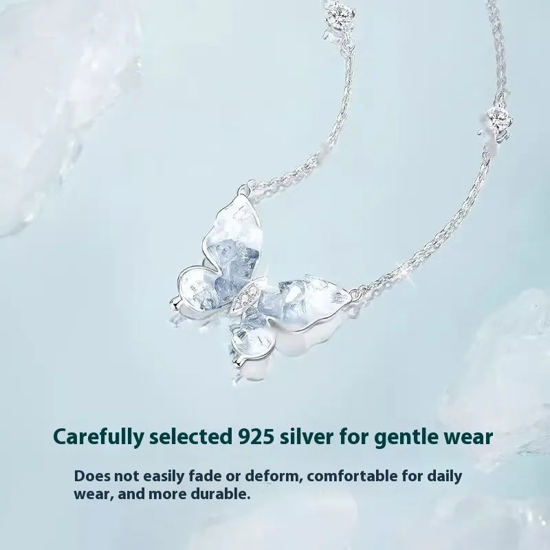 Bingyu Butterfly S925 silver clavicle chain with ice rain pendant on O-ring chain