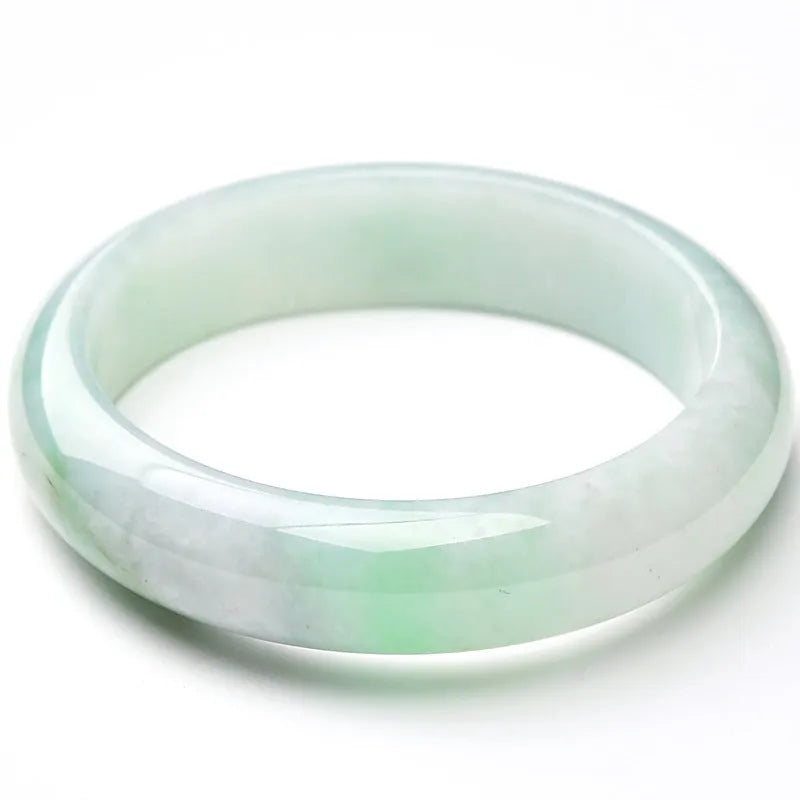 Light green jade bead bracelet showing natural stone texture with sizing options from 53mm to 64mm