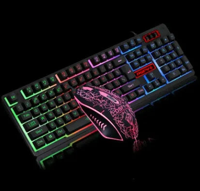 Wired keyboard and mouse set with backlit mechanical-feel keyboard and optical mouse on desktop