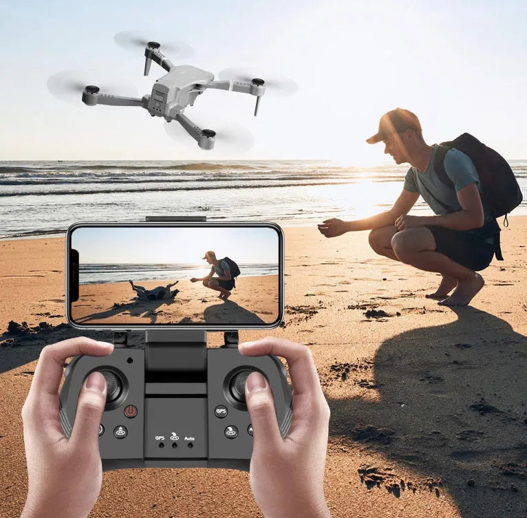 Grey folding GPS drone with 4K HD camera and 1080P bottom lens, folded size 18.5x12.5x6cm, model F3