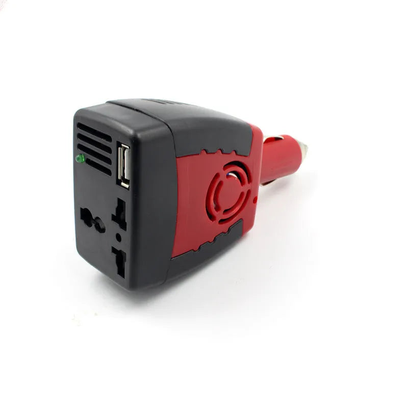 Black and red 150W car power inverter with AC plug and USB port