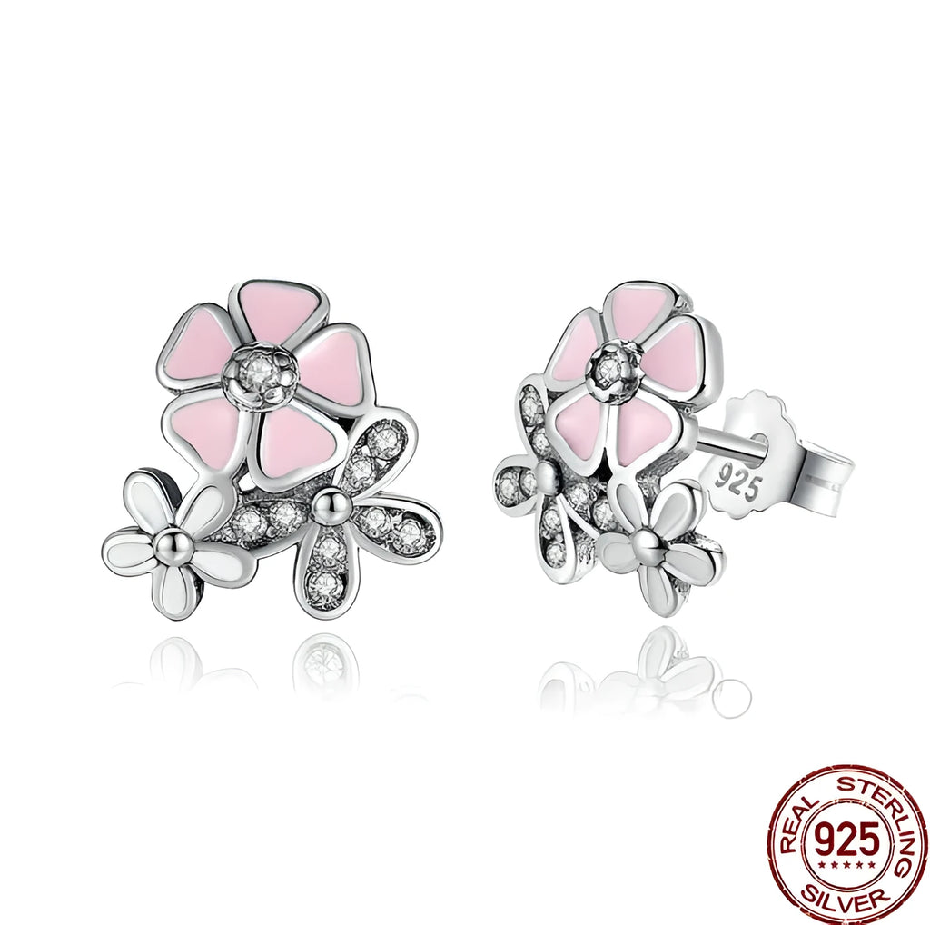 Sterling silver daisy cherry blossom earrings with bow style, 925 silver, individual packaging